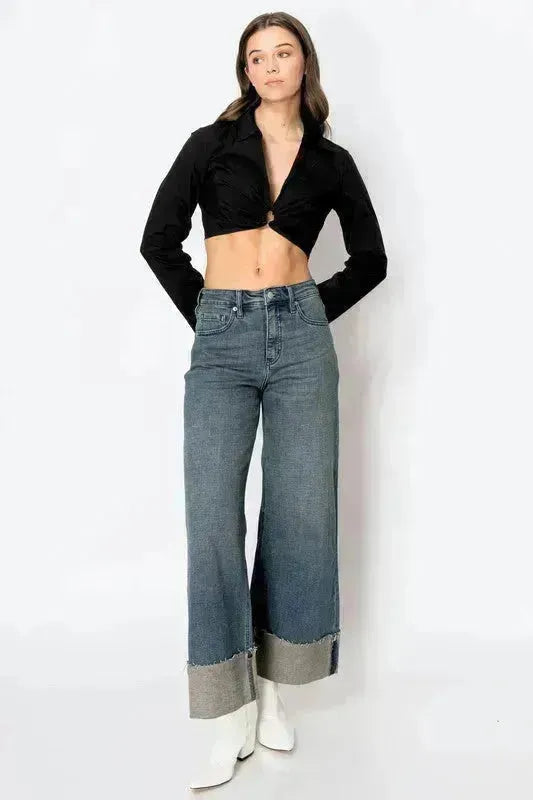 TUMMY CONTROL HIGH RISE CUFFED A WIDE LEG JEANS