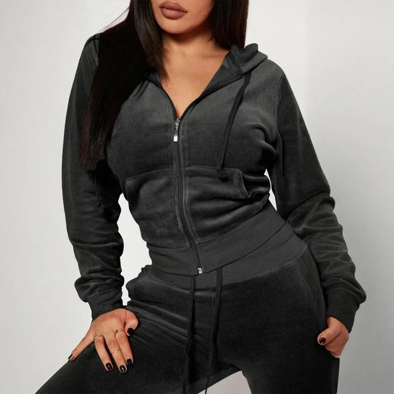 Women's 2-Piece Set Hooded Crop Top & Slim Fit Pants