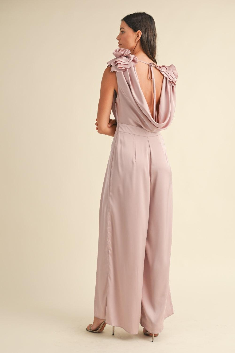 MABLE 3D Floral Applique Deep Cowl Neck Jumpsuit Dusty Mauve