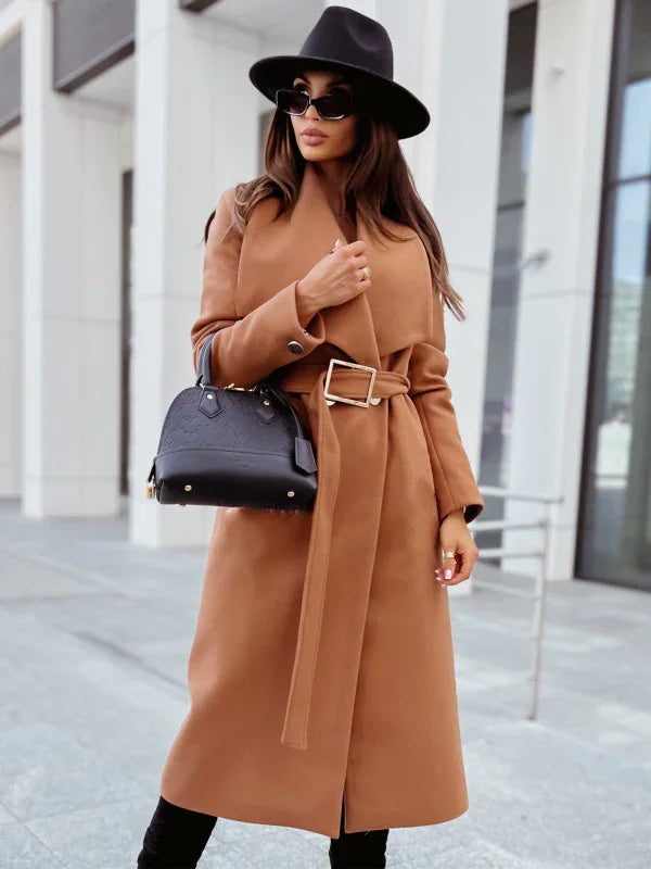 Long-Sleeved Buttoned V-neck Strappy Woolen Coat