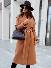 Long-Sleeved Buttoned V-neck Strappy Woolen Coat