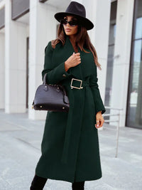 Long-Sleeved Buttoned V-neck Strappy Woolen Coat