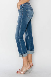 RISEN Cuffed Ankle Distressed Straight Jeans