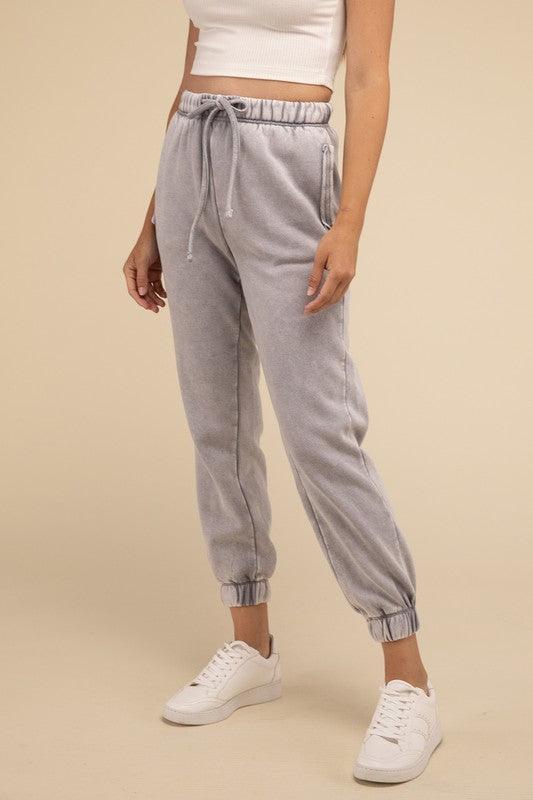 Acid Wash Fleece Sweatpants with Pockets - Jessiz Boutique