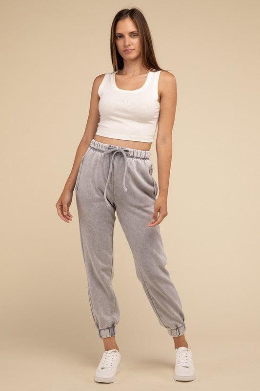 Acid Wash Fleece Sweatpants with Pockets - Jessiz Boutique