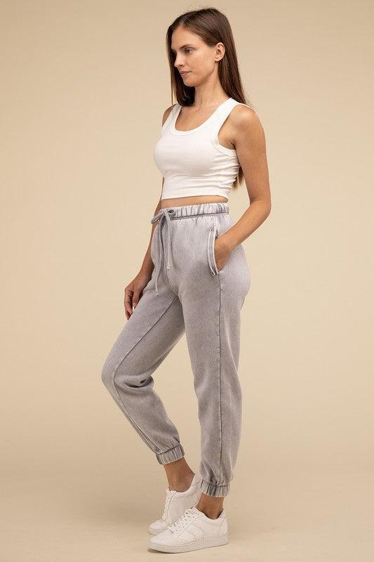 Acid Wash Fleece Sweatpants with Pockets - Jessiz Boutique