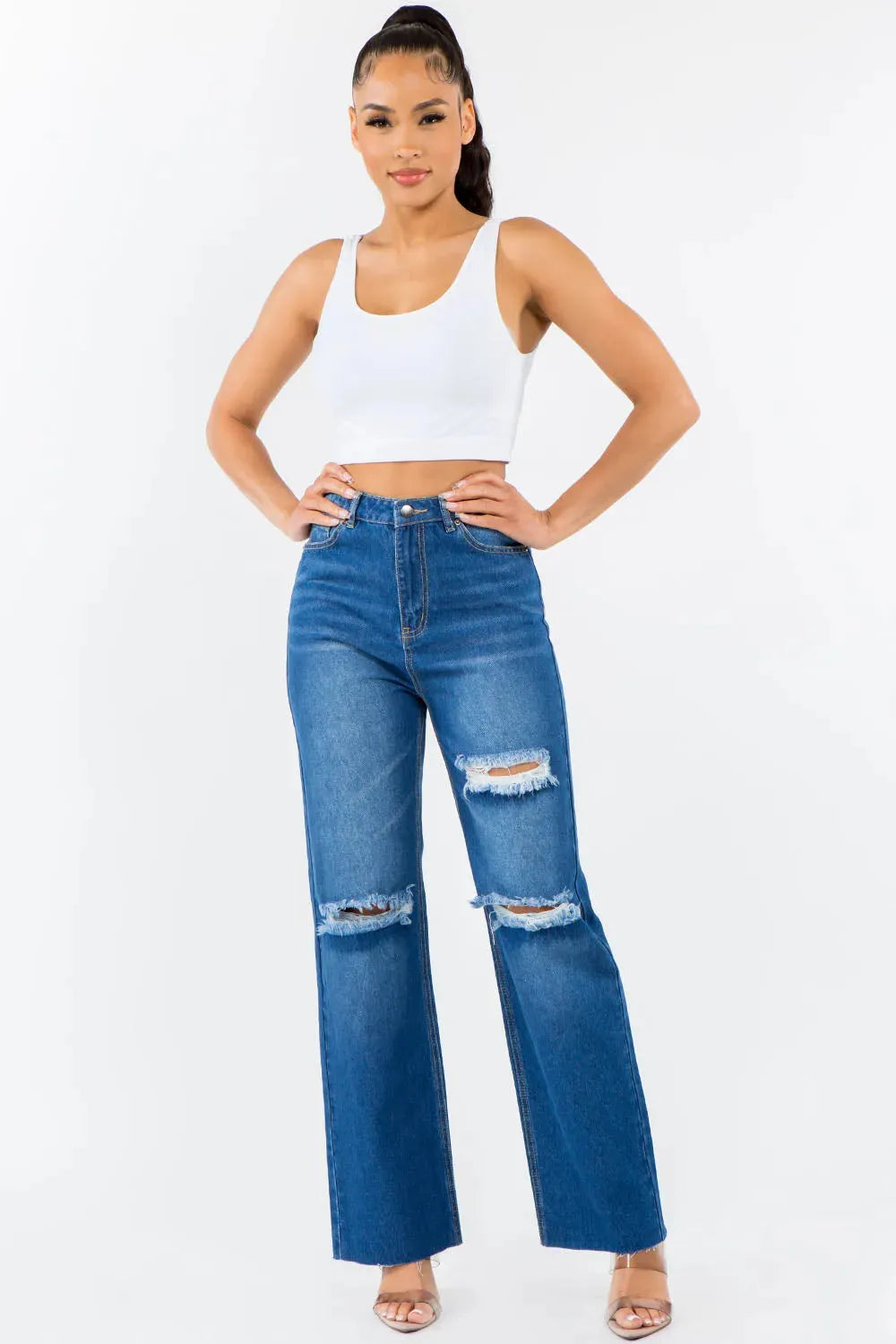 American Bazi High Waist Distressed Wide Leg Jeans - Jessiz Boutique