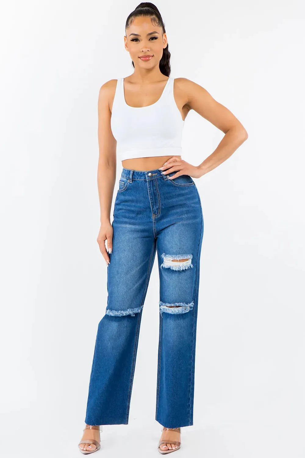 American Bazi High Waist Distressed Wide Leg Jeans - Jessiz Boutique