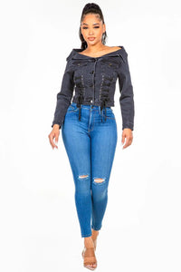 American Bazi Off Shoulder Lace Up Denim Jacket - Jessiz Boutique