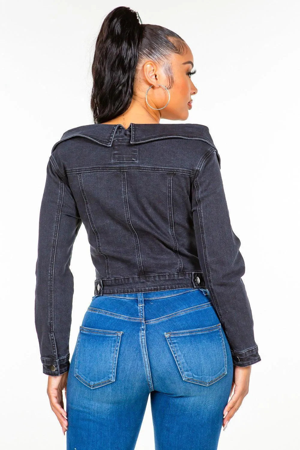 American Bazi Off Shoulder Lace Up Denim Jacket - Jessiz Boutique