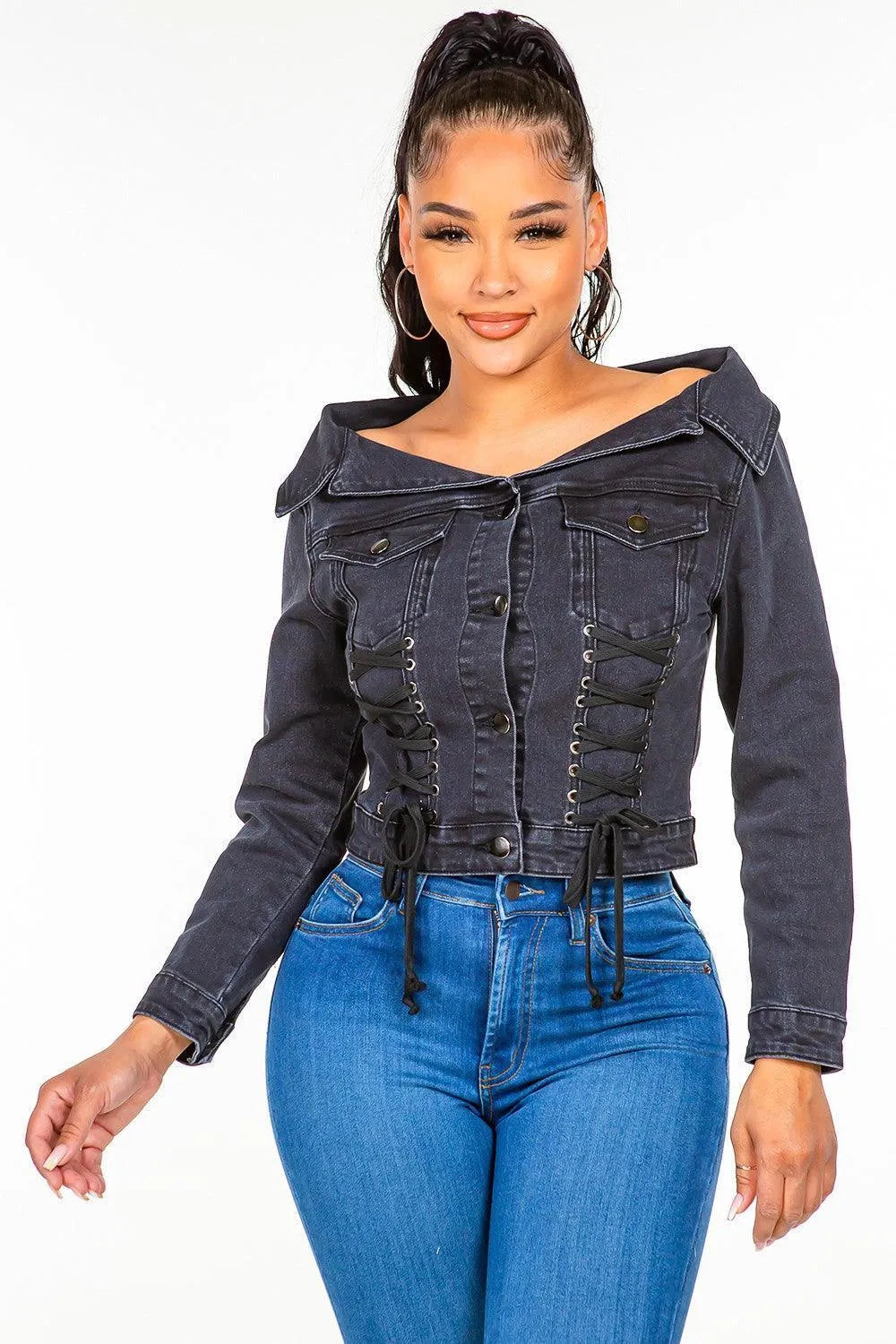 American Bazi Off Shoulder Lace Up Denim Jacket - Jessiz Boutique