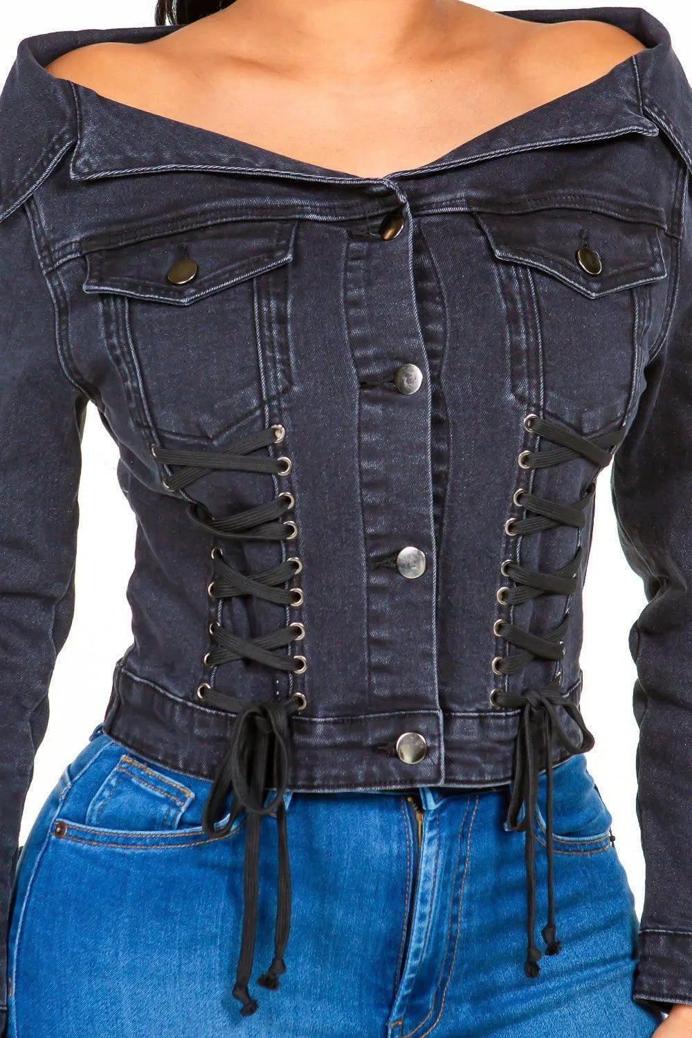 American Bazi Off Shoulder Lace Up Denim Jacket - Jessiz Boutique