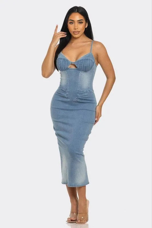 Athina Casual Light Washed Denim Midi Dress - Jessiz Boutique