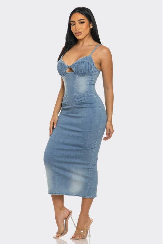 Athina Casual Light Washed Denim Midi Dress - Jessiz Boutique