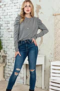 Basic Buttoned Puff Long Sleeve Blouse top - Jessiz Boutique