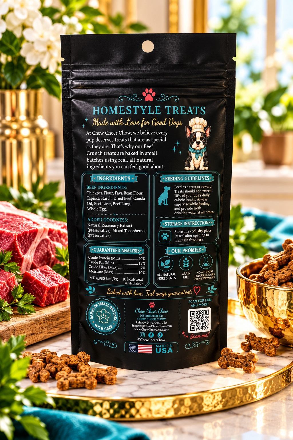 Back of Chew Cheer Chow Grain-Free Beef Crunch Dog Treats 2.4 oz