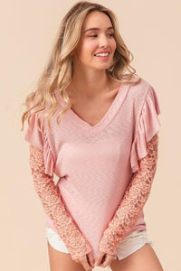 BiBi Ruffled Lace Sleeve Rib Knit Top - Jessiz Boutique