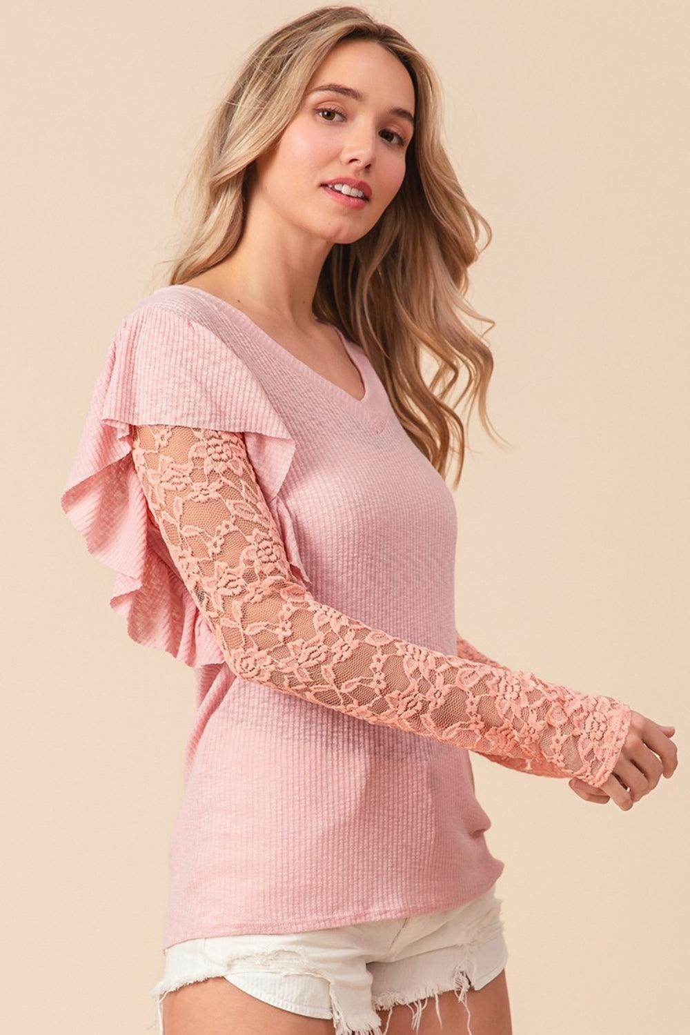 BiBi Ruffled Lace Sleeve Rib Knit Top - Jessiz Boutique