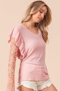 BiBi Ruffled Lace Sleeve Rib Knit Top - Jessiz Boutique