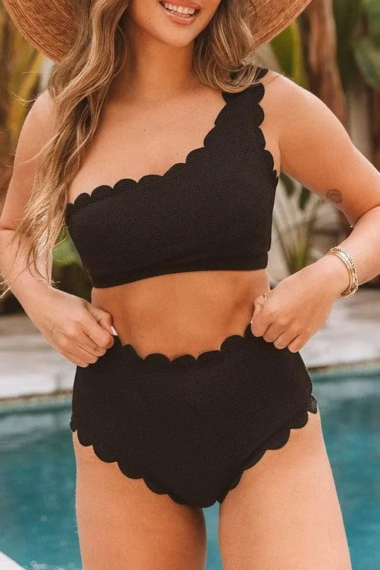 Black Solid Scalloped One-Shoulder Bikini - Jessiz Boutique