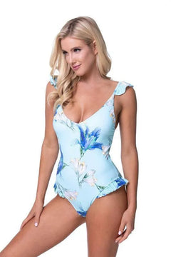 Blue Floral Ruffle Trim One Piece Swimsuit - Jessiz Boutique