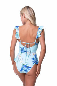 Blue Floral Ruffle Trim One Piece Swimsuit - Jessiz Boutique