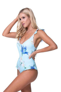 Blue Floral Ruffle Trim One Piece Swimsuit - Jessiz Boutique