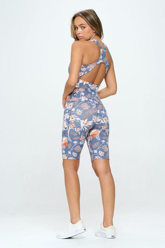 Blue Grey Flower Print Activewear Set - Jessiz Boutique