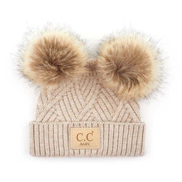 CC Baby Double Pom Criss-Cross Pattern Beanie - Jessiz Boutique