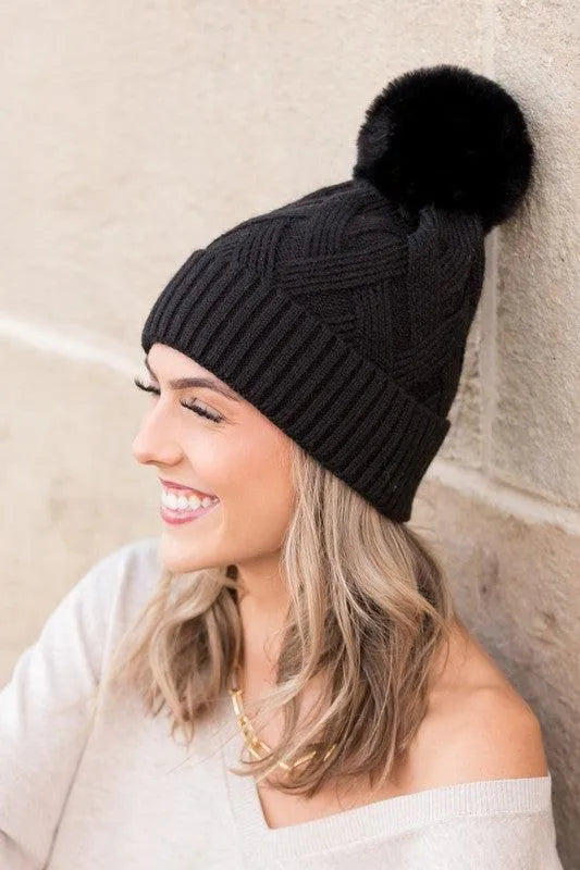 Chunky Knit Fur Pom Beanie - Jessiz Boutique