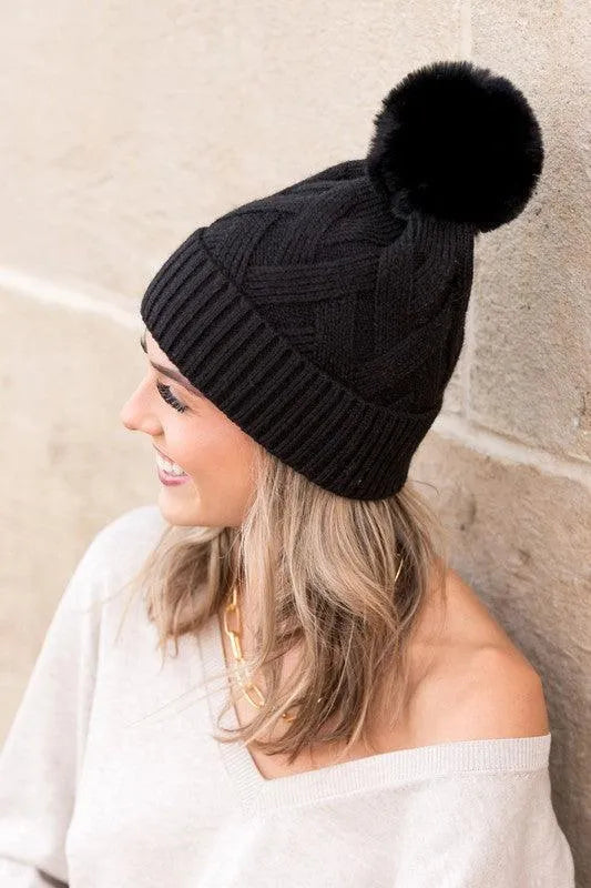 Chunky Knit Fur Pom Beanie - Jessiz Boutique