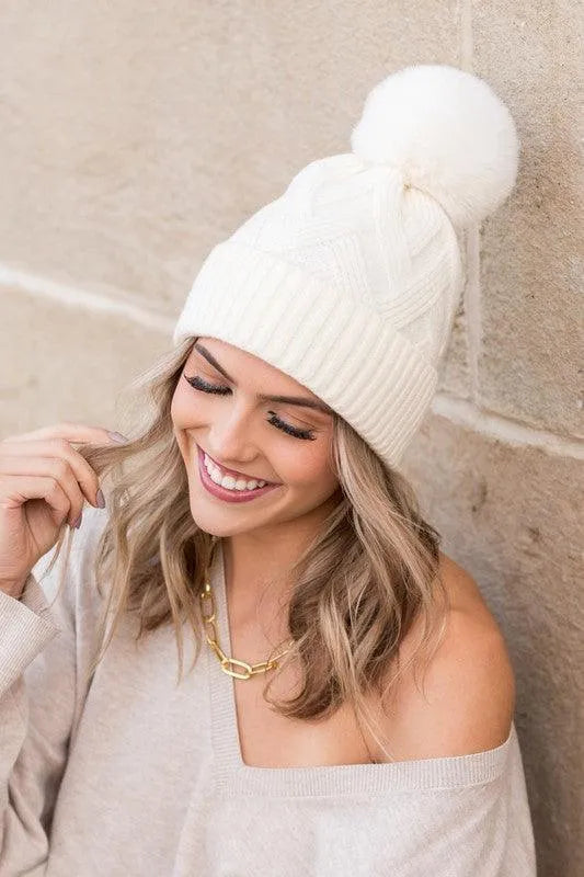 Chunky Knit Fur Pom Beanie - Jessiz Boutique