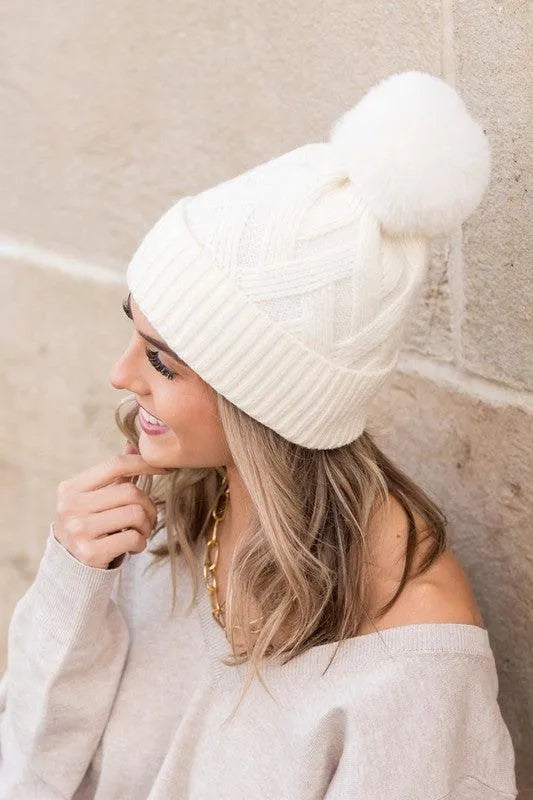 Chunky Knit Fur Pom Beanie - Jessiz Boutique