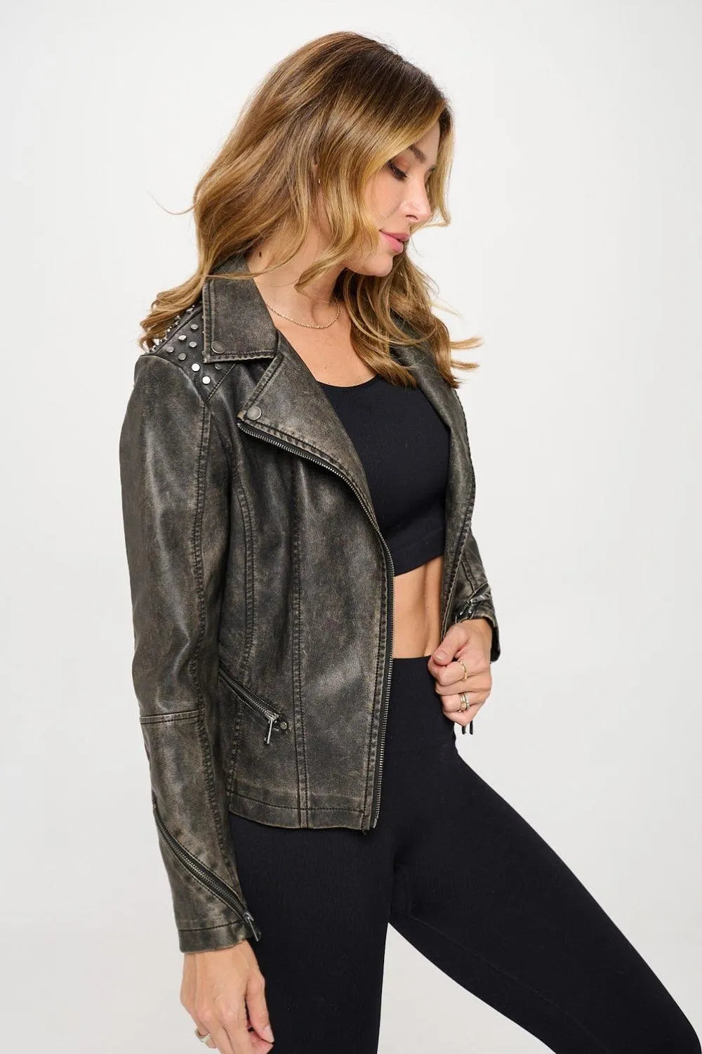 Coalition LA Studded Classic Moto Faux Leather Jacket - Jessiz Boutique