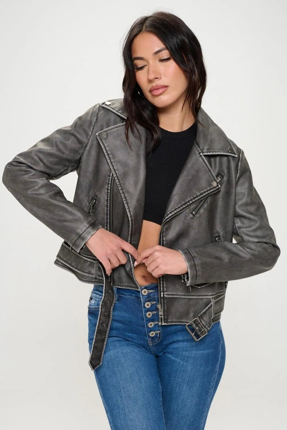 Coalition LA Zip Up Biker Jacket with Belt - Jessiz Boutique