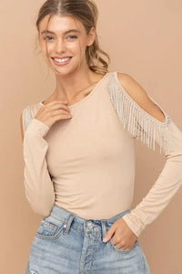 Cold Shoulder Rhinestone Fringe Bodysuit - Jessiz Boutique