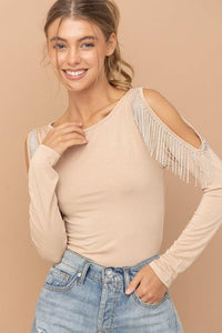 Cold Shoulder Rhinestone Fringe Bodysuit - Jessiz Boutique