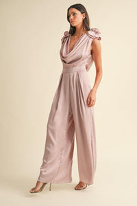 MABLE 3D Floral Applique Deep Cowl Neck Jumpsuit Dusty Mauve