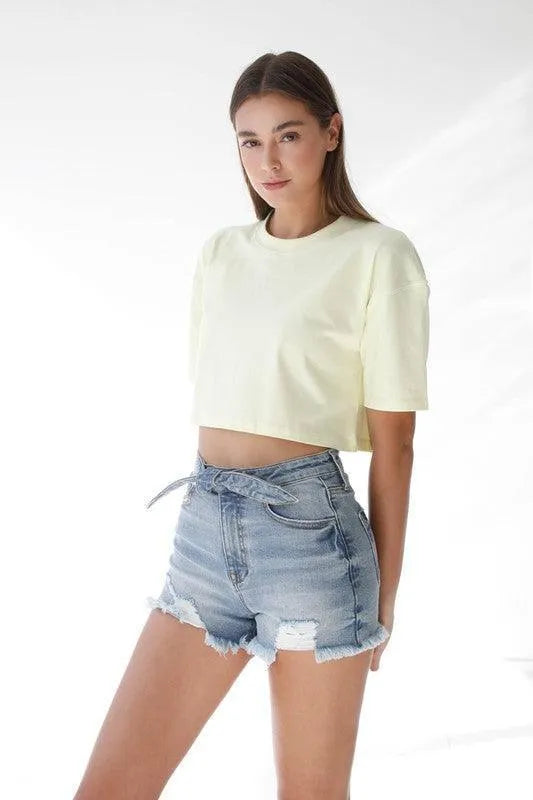 Denim Lab Ribbon Tie Frayed Denim Shorts - Jessiz Boutique