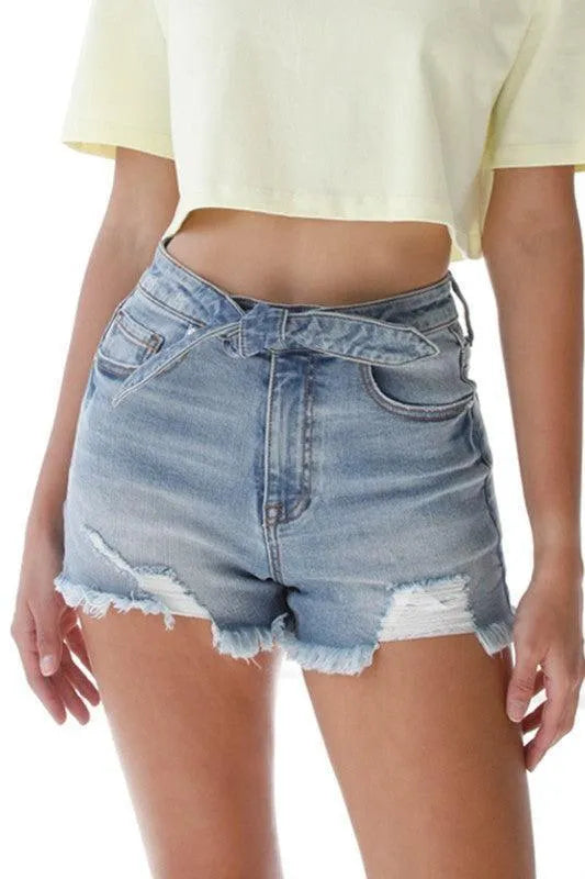 Denim Lab Ribbon Tie Frayed Denim Shorts - Jessiz Boutique