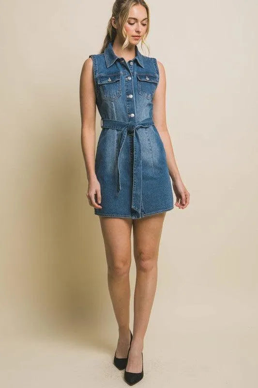 Denim Sleeveless Dress with Waist Tie - Jessiz Boutique