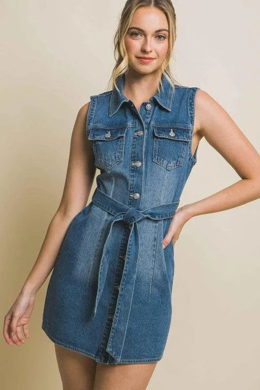 Denim Sleeveless Dress with Waist Tie - Jessiz Boutique