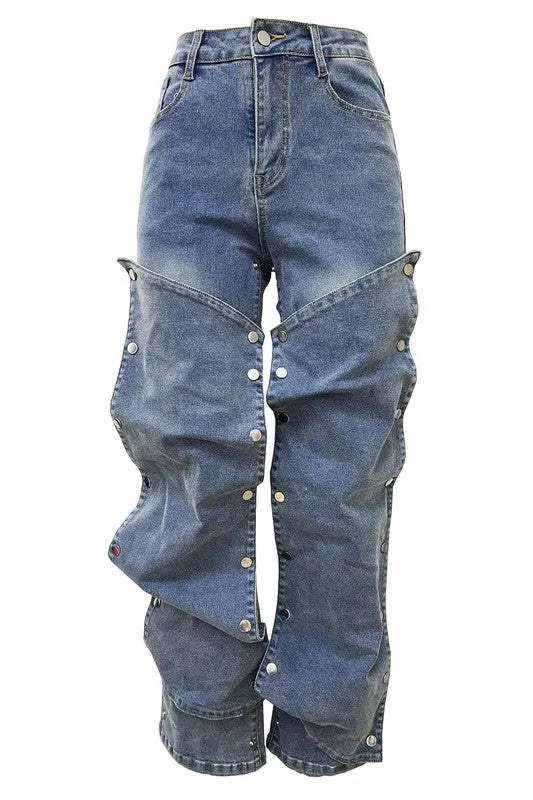 【SATIIIZ】Pad snap button denim pants Denim Snap Button Pad Style Pants – Jessiz Boutique