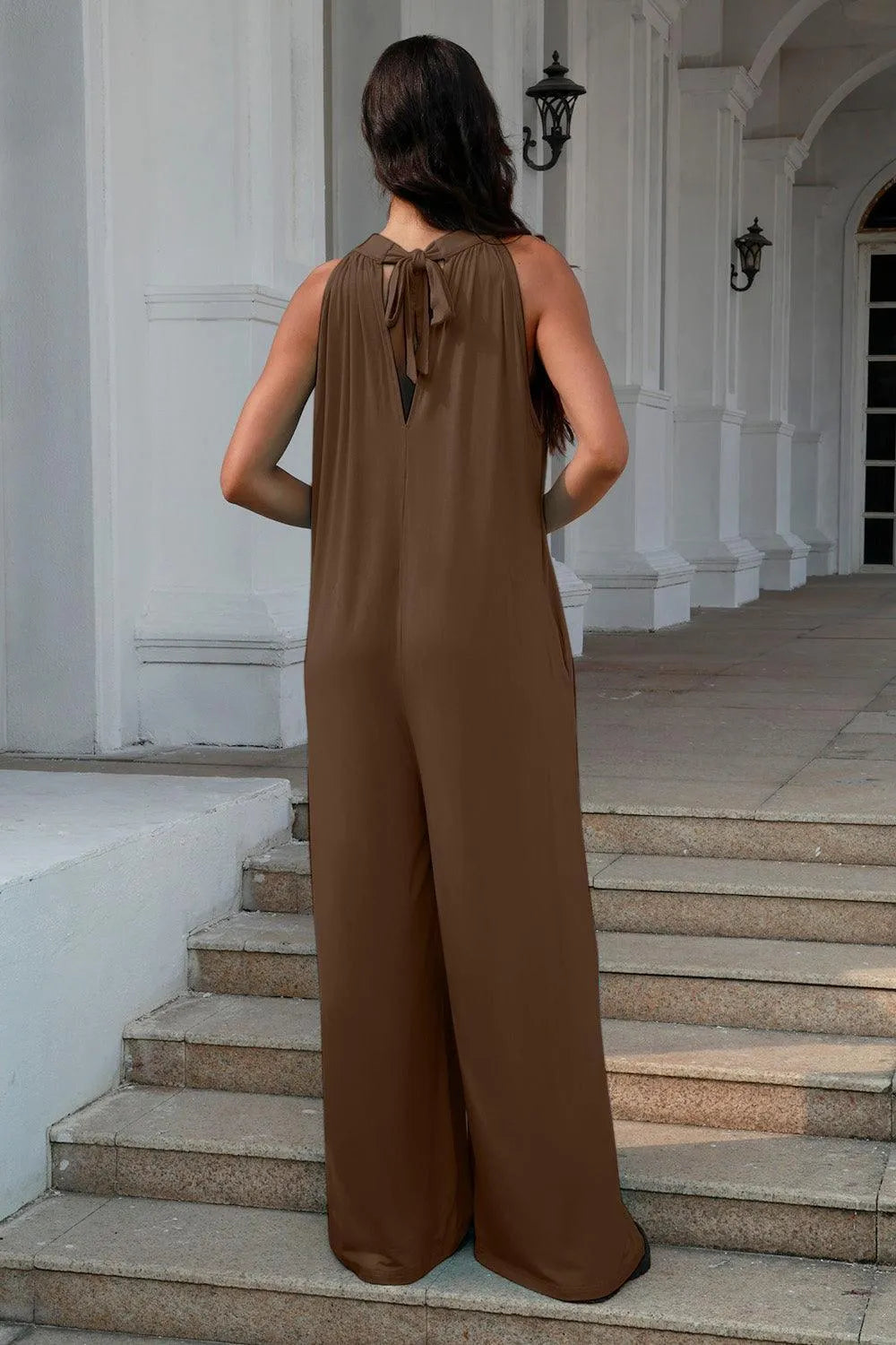 Double Take Full Size Tie Back Cutout Sleeveless Jumpsuit - Jessiz Boutique