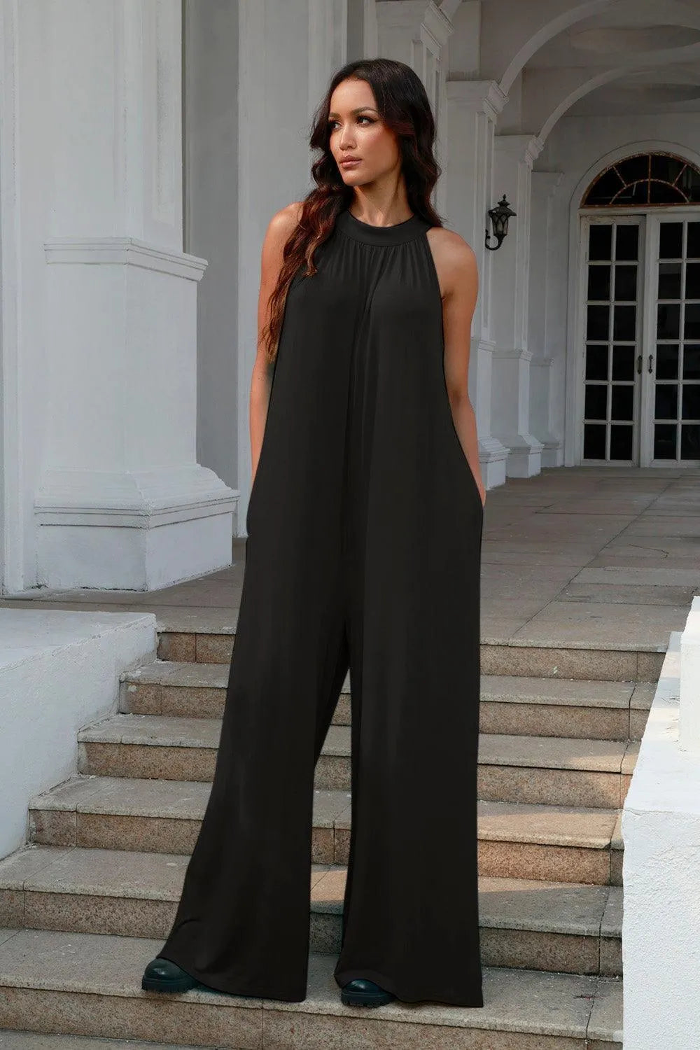 Double Take Full Size Tie Back Cutout Sleeveless Jumpsuit - Jessiz Boutique