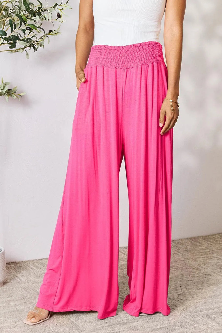 Double Take Smocked Wide Waistband Wide Leg Pants - Jessiz Boutique