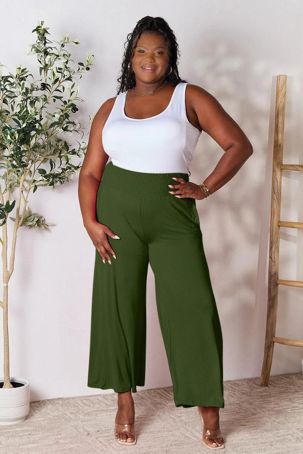 Double Take Smocked Wide Waistband Wide Leg Pants - Jessiz Boutique