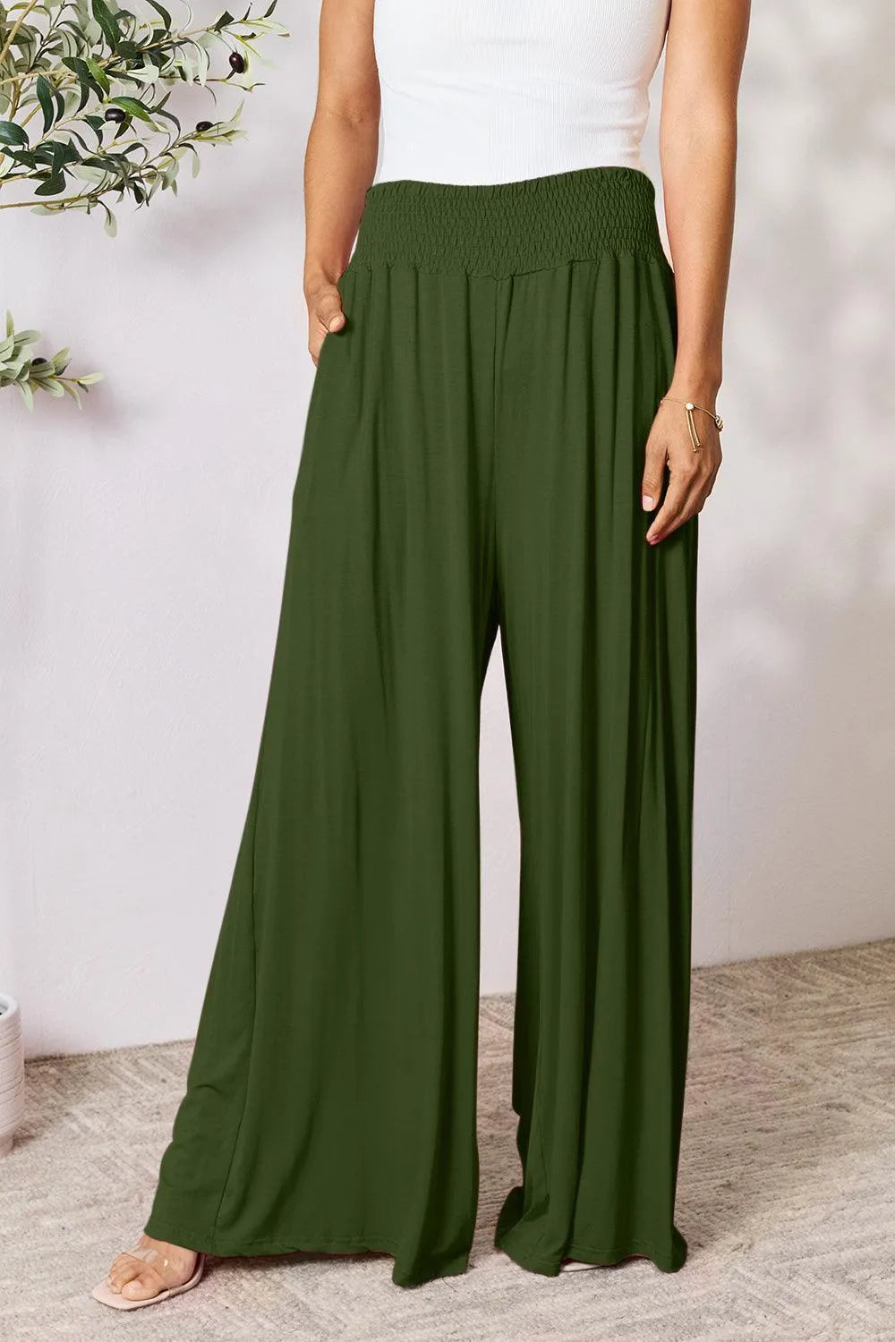 Double Take Smocked Wide Waistband Wide Leg Pants - Jessiz Boutique