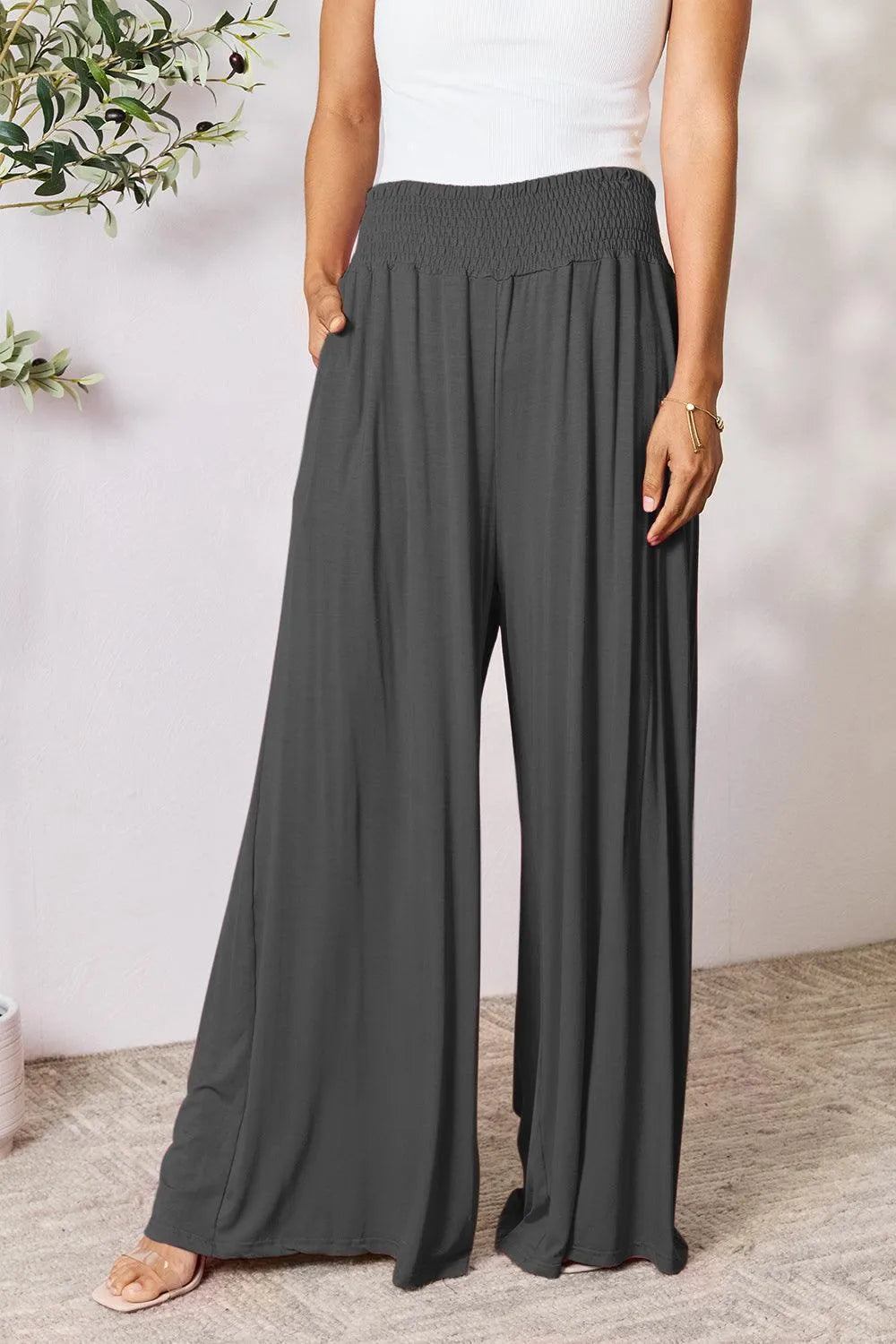 Double Take Smocked Wide Waistband Wide Leg Pants - Jessiz Boutique