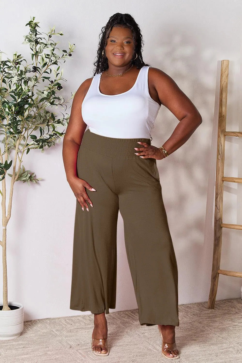 Double Take Smocked Wide Waistband Wide Leg Pants - Jessiz Boutique